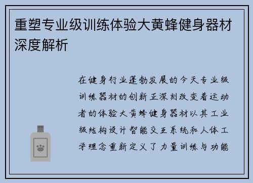 重塑专业级训练体验大黄蜂健身器材深度解析