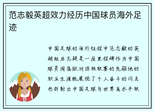范志毅英超效力经历中国球员海外足迹